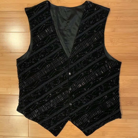 Vintage CACHE Black Beaded Evening Tuxedo Vest Women's Sleeveless sz L 80s Adjus - Picture 1 of 13